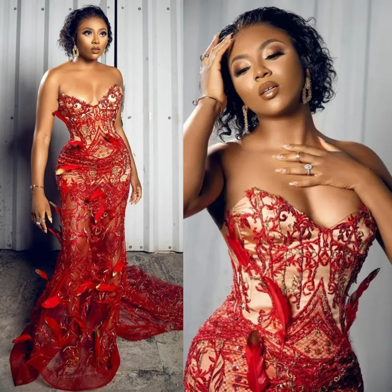 Illusion Aso Ebi Even Sukienki Pióro Burgundry Mermaid Koronkowa przyjęcie urodzinowe Dress for Black Girls Drugi odbiór Gala Wieczor