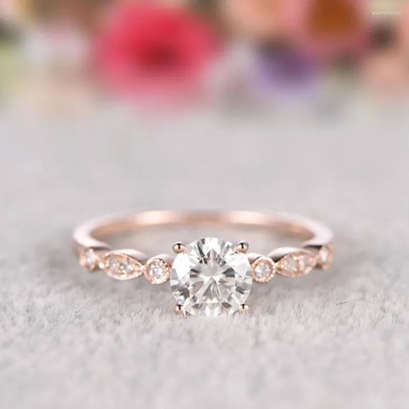 Cluster Rings Simple Moissanite Solid 14K Rose Gold Wedding Engagement Ring For Women With Certificate
