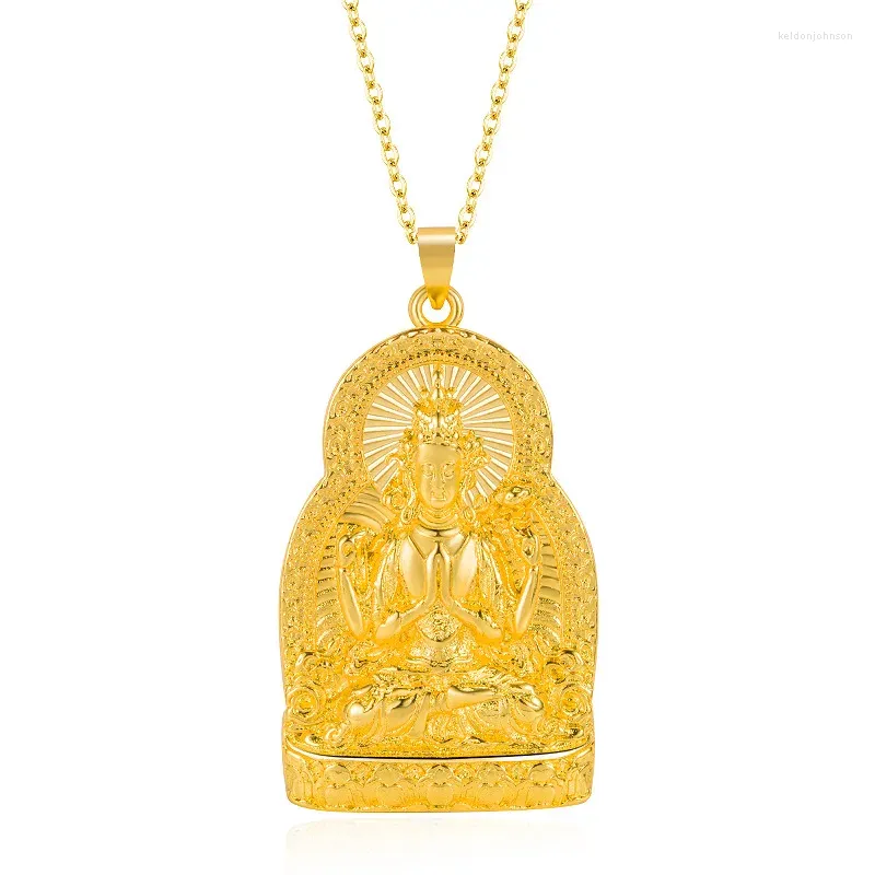 Pendant Necklaces Exquisite Craved Avalokitesvara Necklace For Men Jewelry Shiny Gold Plated Scriptures Blessing Buddha Male Gift