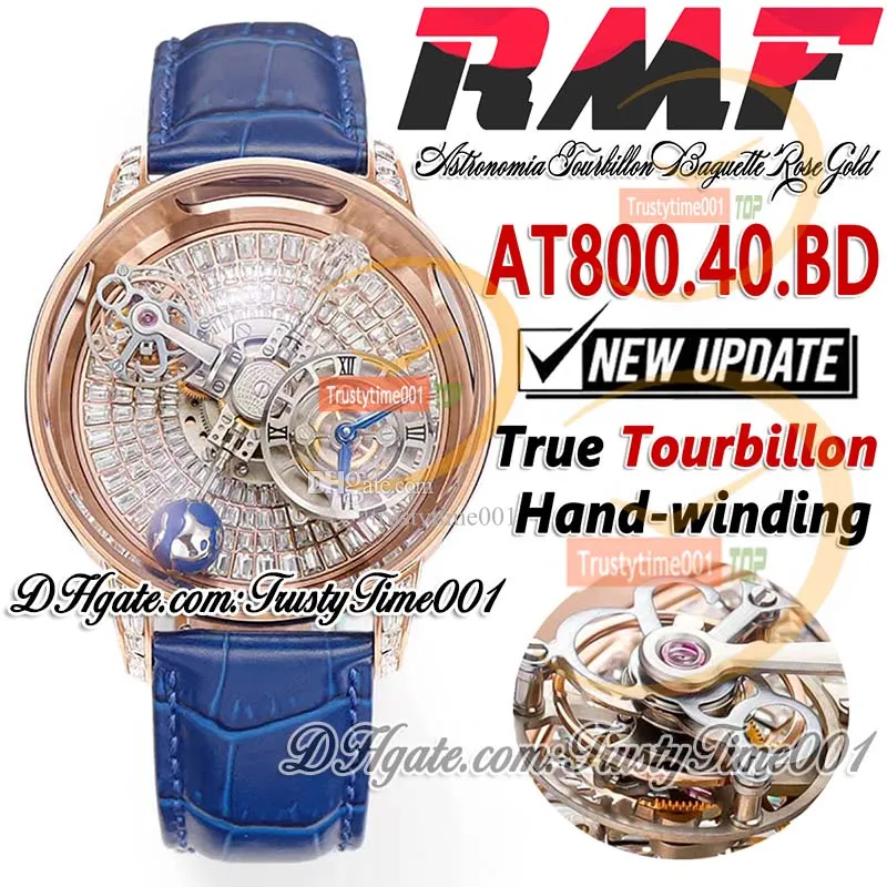 RMF AT800.40 Astronomia Tourbillon Montre mécanique pour homme Boîtier en or rose pavé de diamants baguette Cadran squelette Bracelet en cuir Super Edition trustytime001Montres