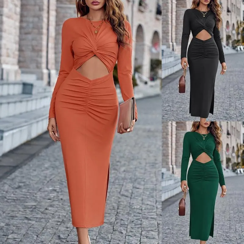 Casual Dresses Sexy Hollow Out Twist Bodycon Dress For Women Autumn Long Sleeves Crew Neck Tummy Body Shaper Party Wedding Gown Christmas