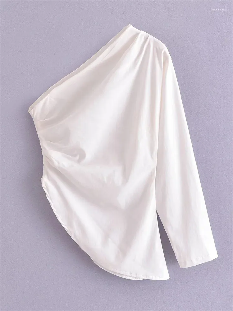 Kadınlar bluzları mesttraf seksi tasarım 2023 kadın beyaz asimetrik pileli gömlekler vintage bir omuz uzun kollu yan fermuar dişi blusas