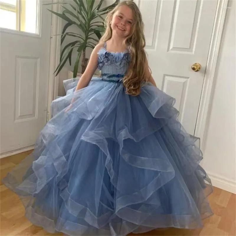 Abiti da ragazza Decalcomania da principessa floreale Abito da ballo personalizzato in tulle soffice fino al pavimento Attività di compleanno per la prima comunione