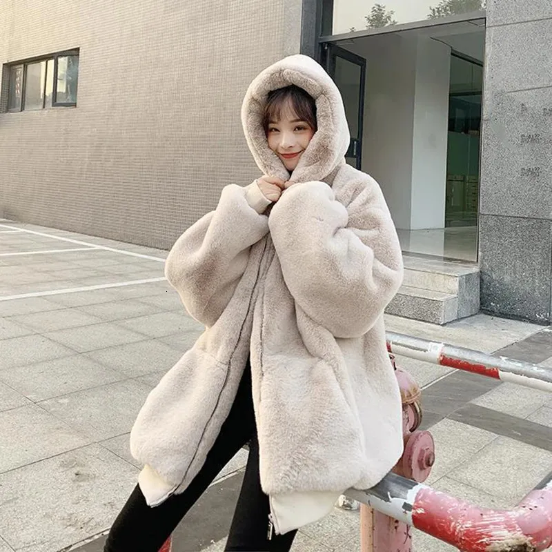 Womens Fur Faux Winter Casual Solid Color Warm Overcoat Women Fashion Zipper Hooded Rabbit Jacket Woman Lazy Style Loose Coats 231202