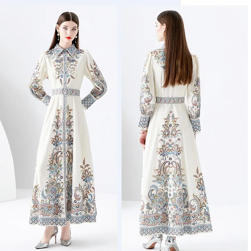 Abito maxi Boho bianco con stampa retrò Abito da donna di design a maniche lunghe con risvolto Bottone frontale Slim Elegante camicia da vacanza Abiti 2023 Primavera Autunno Paisley Abiti da passerella floreali