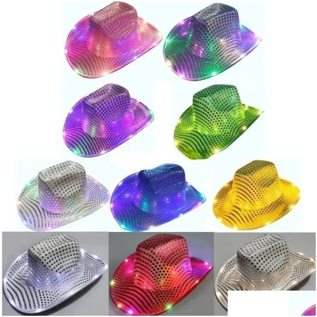 New Party Hats Space Cowgirl LED Hat Flashing Light Up Sequin  Hats Luminous Caps Halloween Costume Wholesale 0730