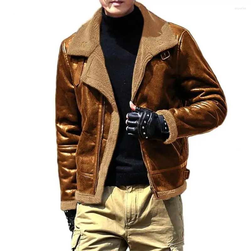 Vestes pour hommes Hommes automne hiver manteau col rabattu épais manches longues chaud peluche fermeture à glissière poches contraste couleur mi-longueur veste