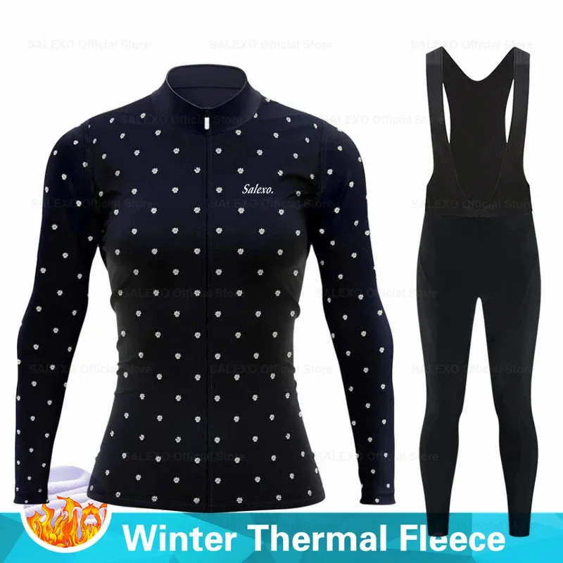 Ensembles de maillot de cyclisme Salexo hiver femmes polaire thermique à manches longues Ropa Ciclismo vêtements de vélo pantalon à bretelles Maillot vélo 231202