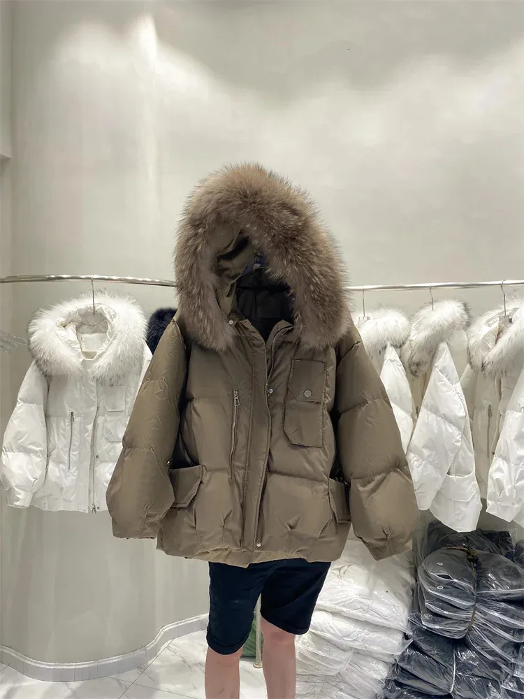 Coletes femininas Real Natural Raccoon Fur Collar Mulheres Inverno Branco Duck Down Casaco Feminino Sólido Puffer Jaqueta Oversize Com Capuz Engrossar Parkas 231202