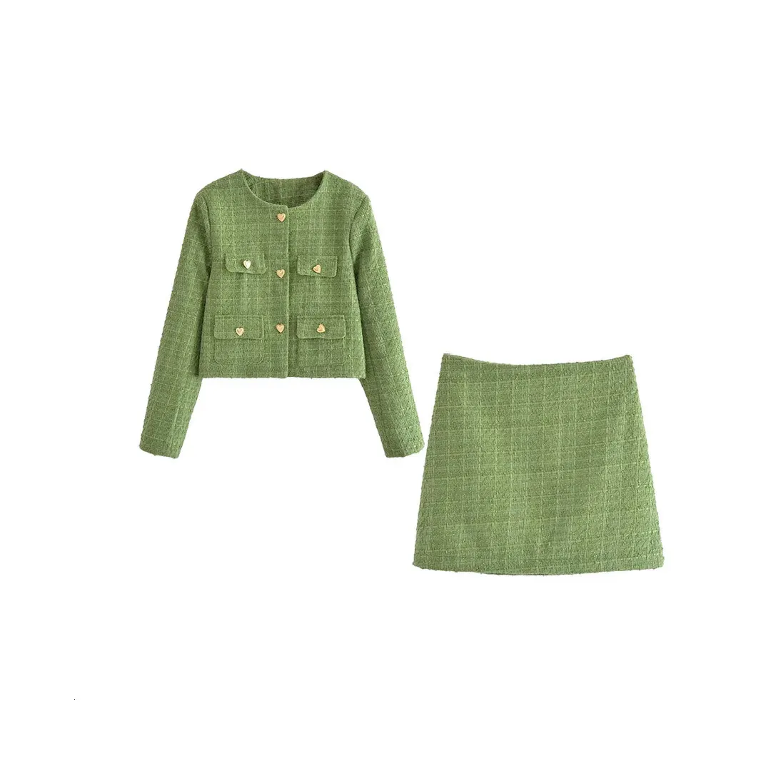 Elegant Tweed Skirt Suit - Womens Autumn 2-Piece Outfit: O
