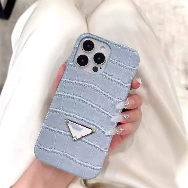 Fashion Designer Blue Leather letter Triangle pattern phone case iPhone 15 14 14Pro 14Plus 13 12 Mini 11 Pro X XS Max XR Luxury leather case