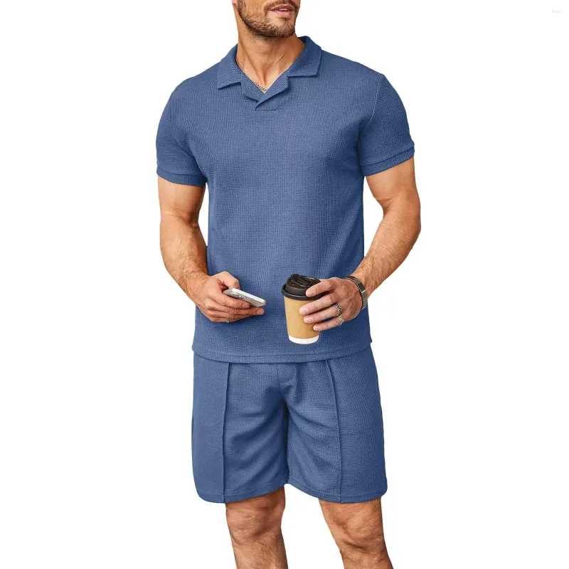 Herrspårsräder med solid sommaruppsättning casual streetwear andas kläder Kort ärm Polo T -skjortor och shorts Loose Suit Sports Tracksuit