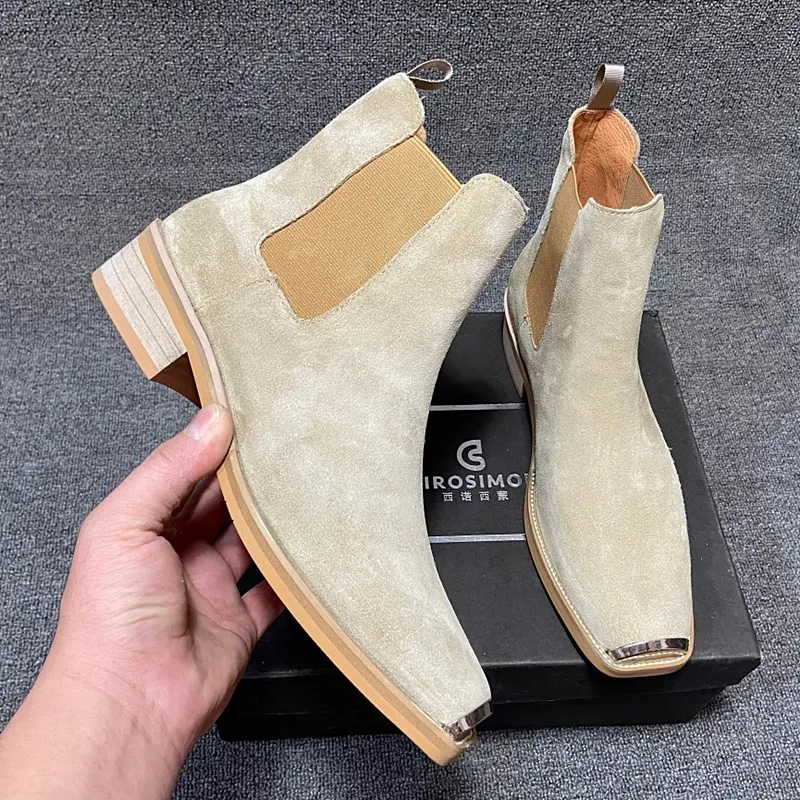 Bottes Chelsea à bout métallique pour hommes, bottes en cuir véritable de Style britannique, chaussures à tête carrée pour robe de Banquet, grises, grande taille 45 46 47