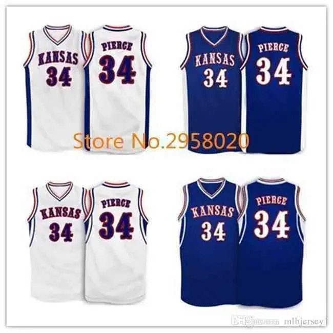 Pas cher # 34 Paul Pierce Kansas Jayhawks Ku College Basketball Jersey Blanc Bleu Broderie Ed Personnalisé N'importe quel numéro et nom Maillots