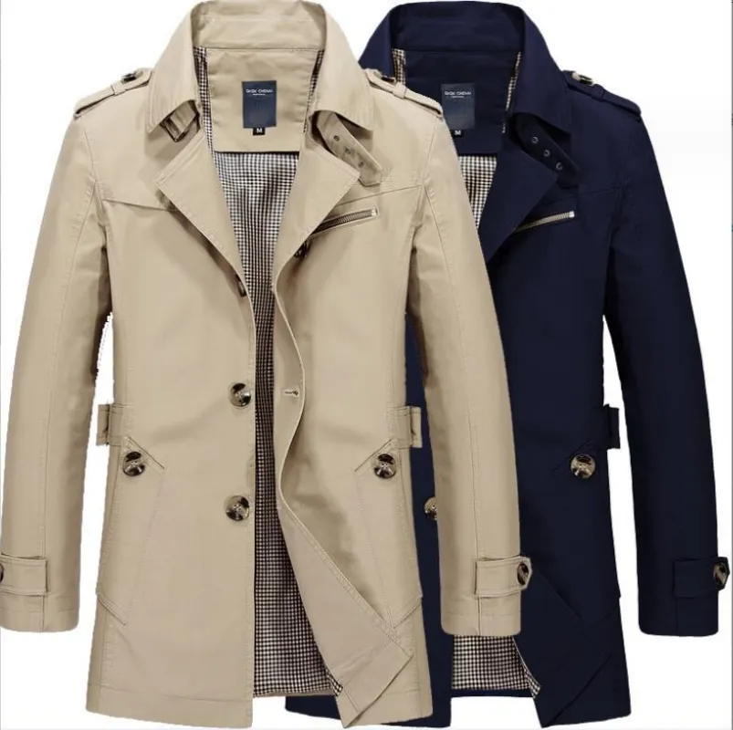 Nieuwe Mannen Mode Jas Jas Lente Merk Heren Casual Fit Overjas Effen Kleur Trenchcoat Mannelijke