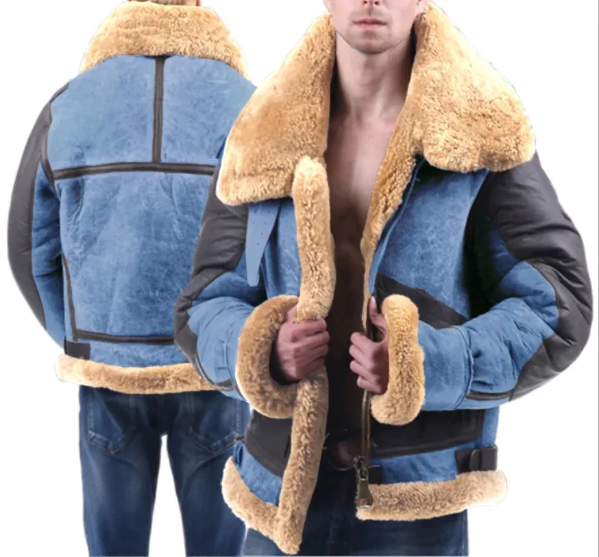 Men's Wool Blends Winter Fur Collar PU Leather Jacket Gray Vintage Coat Male Fleece Thicken Bomber Coats Outwear Streetwear Windbreaker 231202