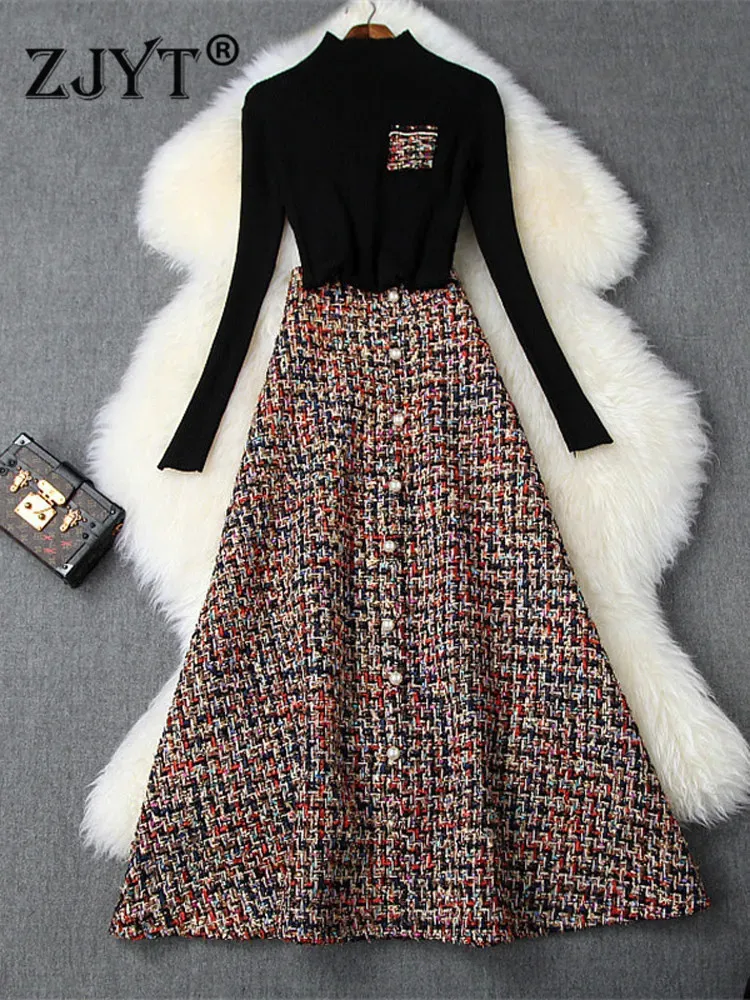 ツーピースドレス女性ファッション秋の冬2枚のピースドレスセット女性パーティーの衣装ブラックセータートップとロングツイードウールスカートスーツTwinset 231202