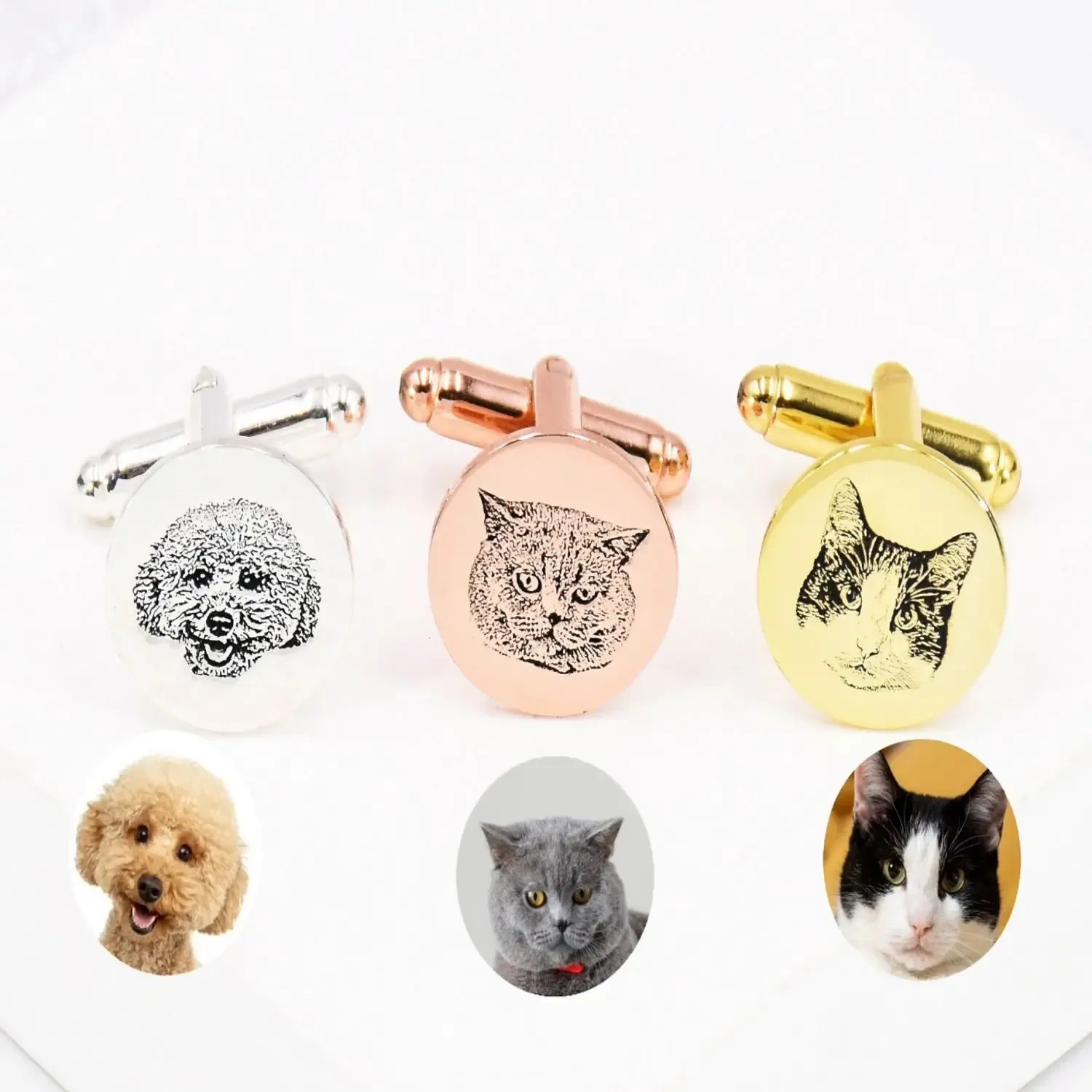 Pendentif colliers boutons de manchette personnalisés boutons de manchette commémoratifs pour animaux de compagnie Portrait gravé Po cadeau de fête des pères 231202