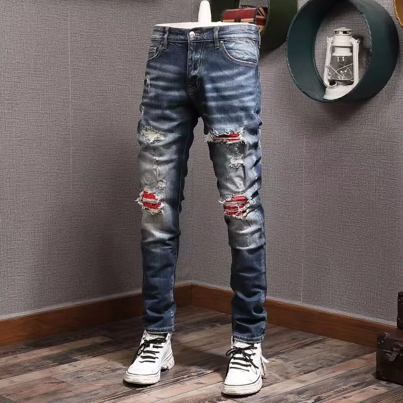 Högkvalitativa jeans för män pant designer miri jeans staplade rock väckelse mager jeans män smal passar rak distribuer hål europeisk och amerikansk style streetwear