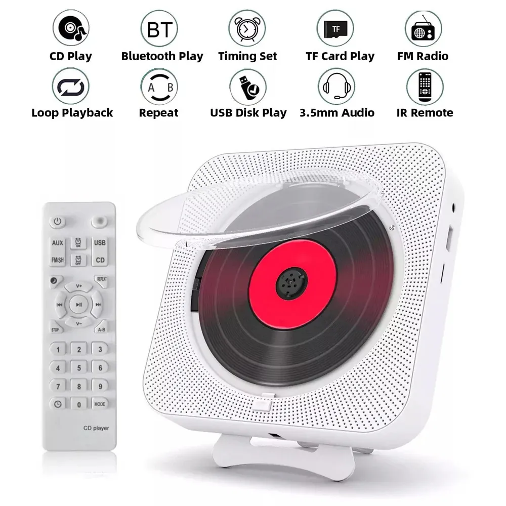 CD Player Portable Bluetooth Speaker Stereo Players LED Screen Wall Mountable Music with IR Remote Control FM Radio 231202