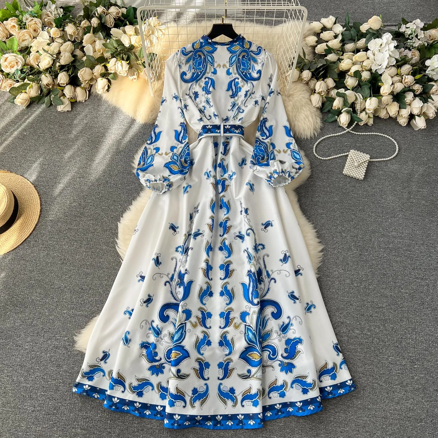 DHgate Floral Maxi Dress Elegant Blue Stand Collar Long Sleeve Casual Dress for Women Apparel