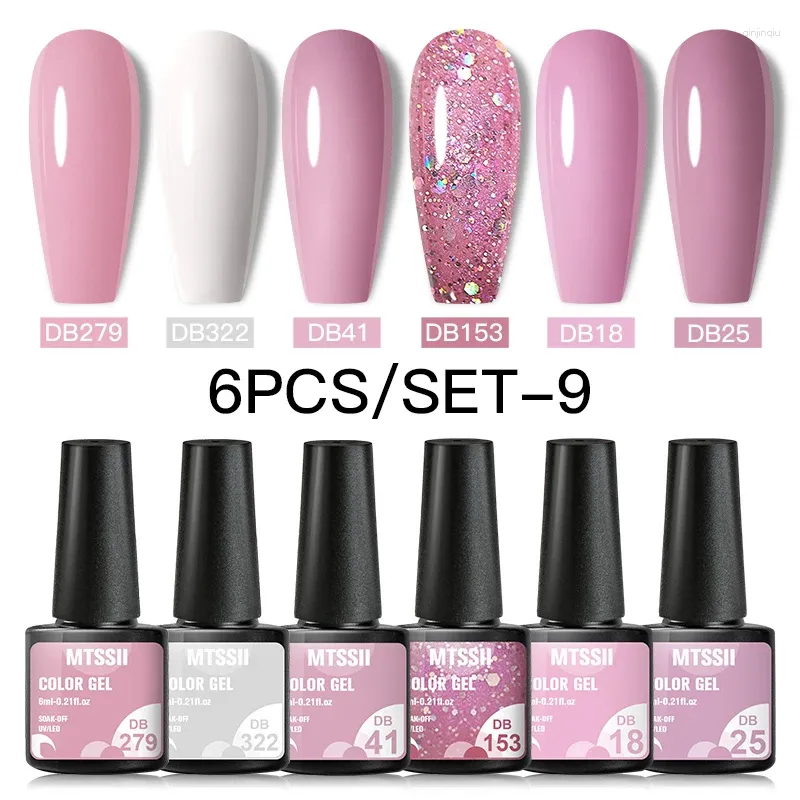 Nagelkonst satser 6st/set rosa vit gelpolsk semi permanent glänsande glitter paljetter blötlägg av UV -led varn för manikyr