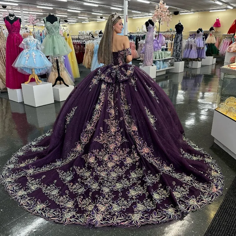 Purple Shiny Sweetheart Quinceanera se vestem do vestido de bola de ombro Apliques Lace Flor Crystal vestidos de Anos