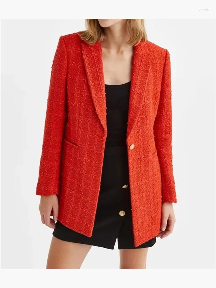 Ternos femininos senhoras moda um botão dourado vermelho solto longo jaquetas outono inverno feamle casual estilo de escritório 2023 blazer sólido outwear