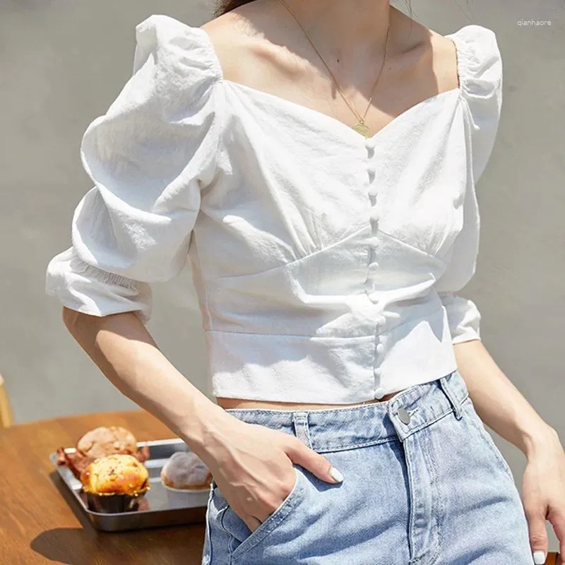 Damenblusen JMPRS Elegante Damen-Bluse im europäischen Stil, Vintage-Stil, weißer quadratischer Kragen, Puffärmel, Sommerpullover, kurze Tops
