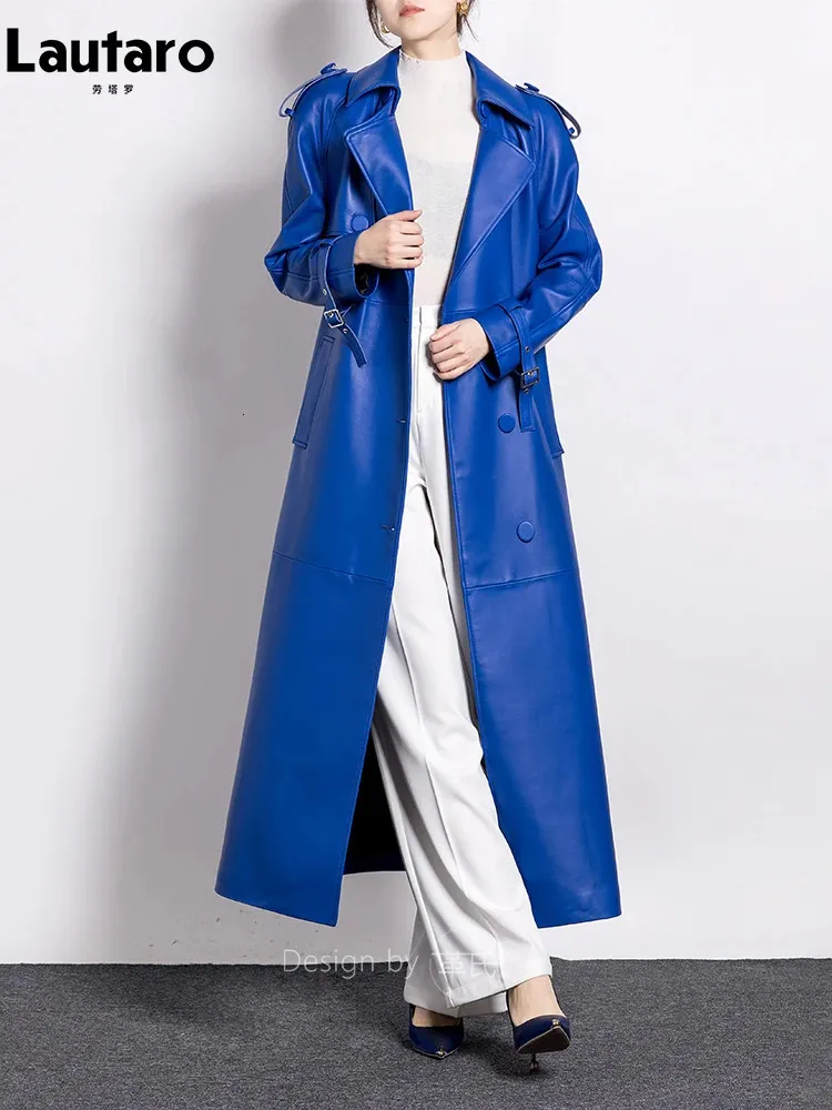 Frauen Daunen Parkas Lautaro Frühling Herbst Lange Luxus Elegante Blau Weiche Pu Leder Trenchcoat für Frauen Stilvolle Runway Europäischen mode 2023 231202