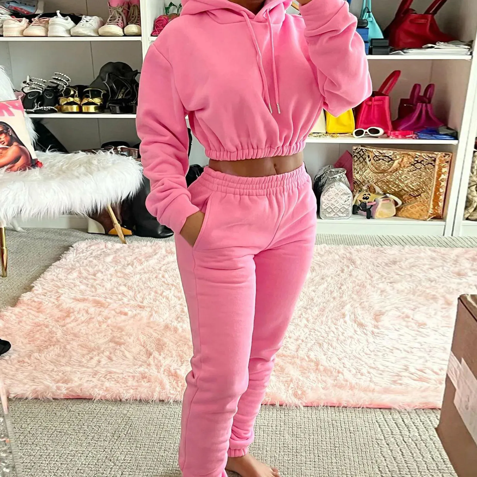 Women's Two Piece Pants Winter Women's Hood Tracksuit Sweatsuit Set Solid Color Nude Velvet Joggers Pullover Hoodies And Sweat Pant Two Piece Sets 231202