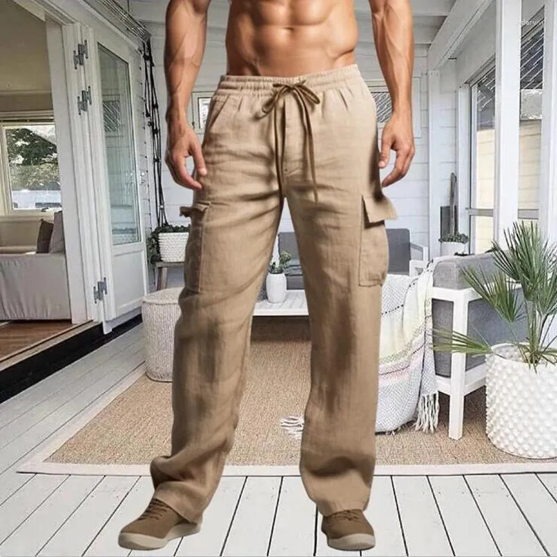 Men's Pants Cargo Solid Color Cotton Linen Trousers Loose Casual Multi Pocket Drawstring Fitness Men Outdoor Sweatpants