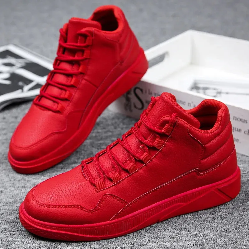 Klänningskor Fashion Red Men's Sneakers Casual Leather High Top Men Shoes Street Hip Hop Sneakers Male Skateboard Shoes Zapatillas Hombre 231202