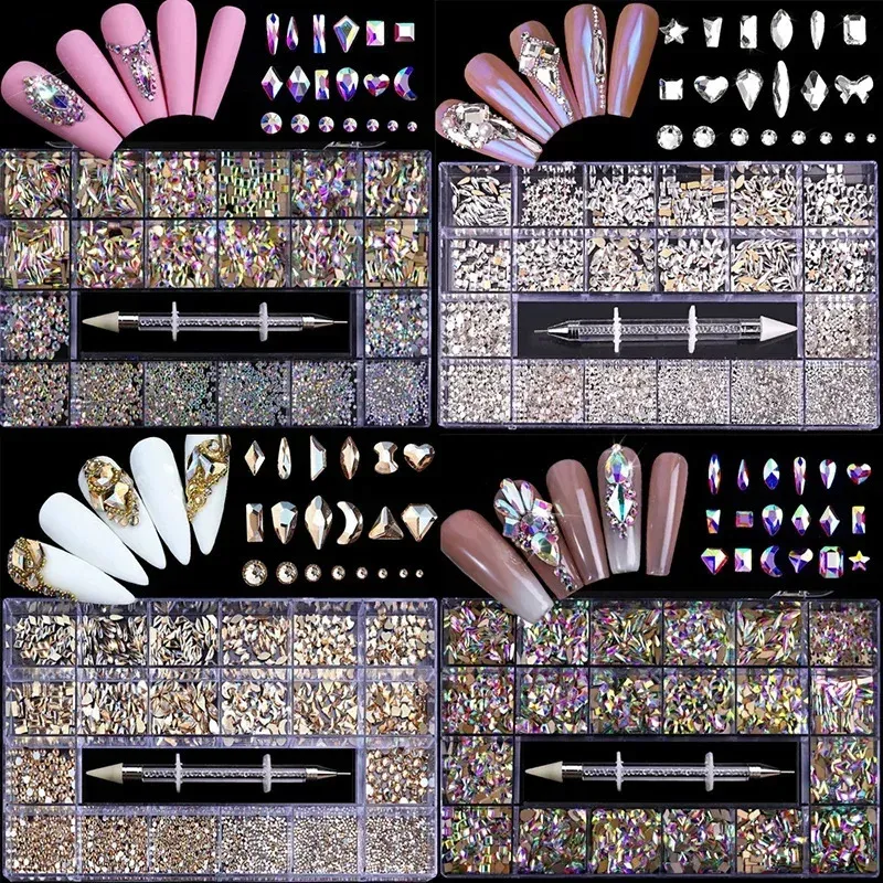 Decorações de arte de unhas 1000/3100pcs Diamante brilhante Nail Art Strass Decorações de cristal Conjunto de vidro AB 1pcs Caneta de coleta em caixa de grades 21 formato 231202