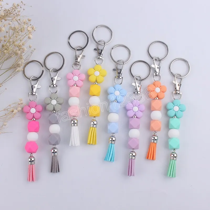 Colorful Cartoon Flower Handmade Beaded Silicone Key Chains Beaded Tassel Keyring Women Men Car Bag Pendant Key Chains