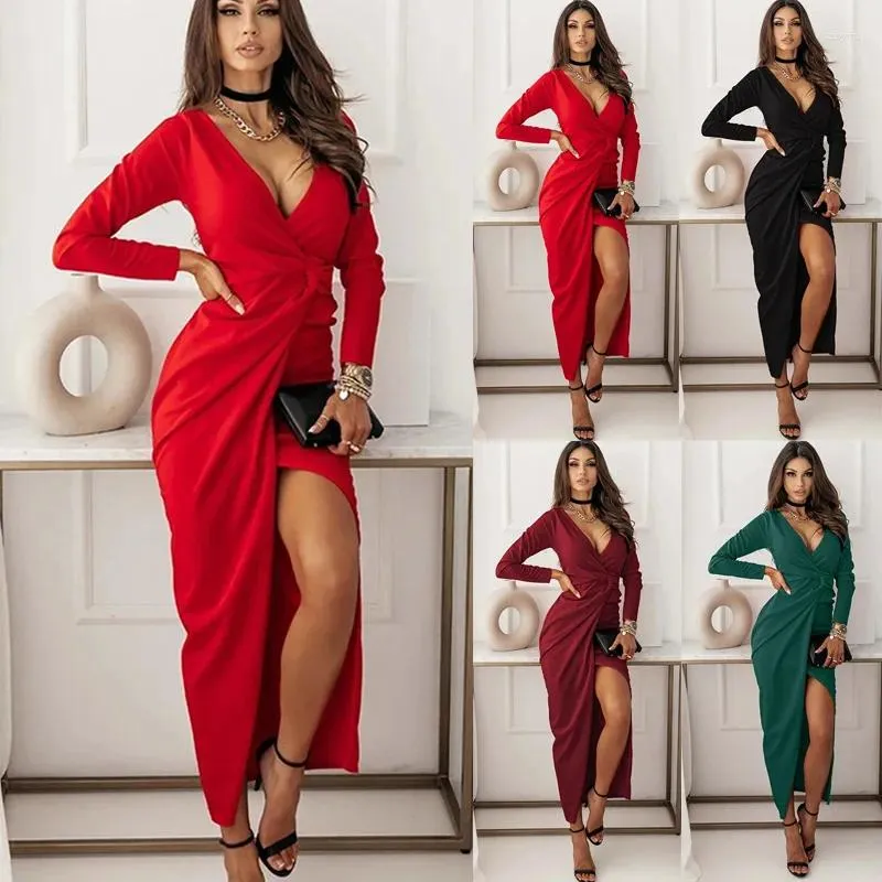 Robes décontractées 2023 Robe formelle Femmes Solid Rouge Deep V-Col V-Manches longues Maxi Slim Fit High Split Wrap Sexy Party Robes