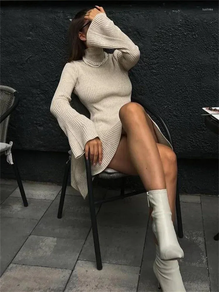 Fashionable Ribbed Knit Long Sleeve Mini Dresses, White / M