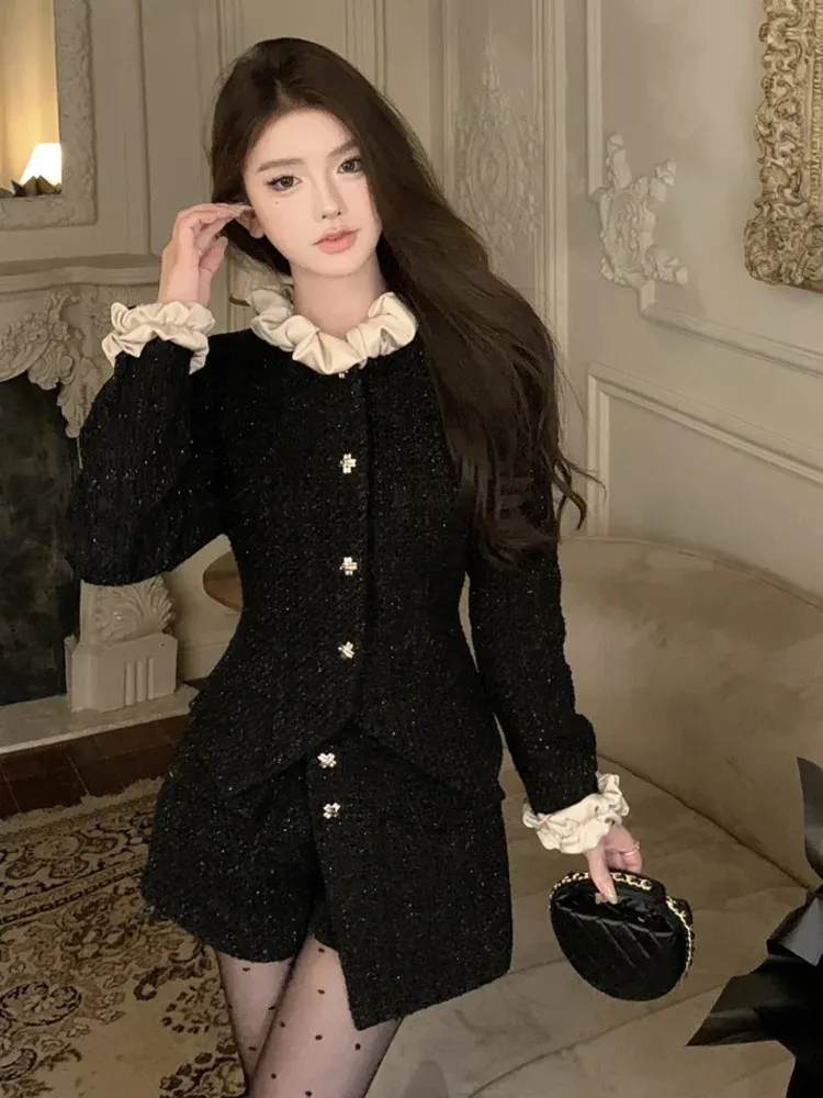 Tvådelad klänning Autumn Winter Luxury French Small Fragrance Tweed Two Piece Set For Women Vintage Jackrock Kort kjol 2 Piece Outfits 231202