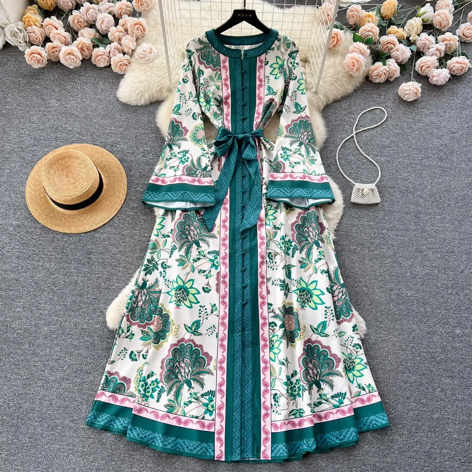 Robes décontractées Piste Mode Longue Robe Femme O-Cou Flare Manches Lâche Contraste Couleur Fleur Imprimer Ceinture Vert Ethnique Rétro Robes 2024