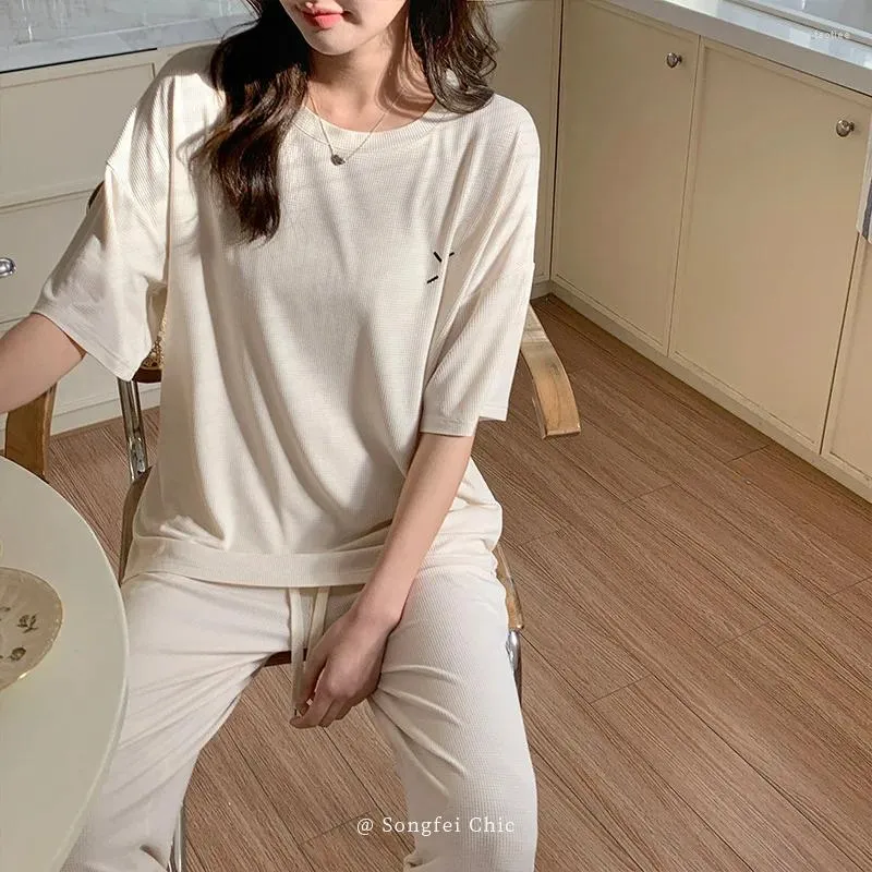 Women's Sleepwear Home Clothes Pajamas Short Sleeve Modal Soft Continuous Solid Color Embroidery Nightdress Set Pyjamas Women