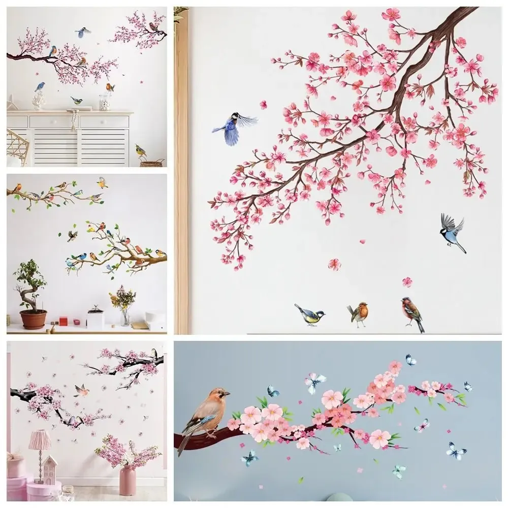 Naklejki ścienne Dekoracja domu | Living | Sypialnia wielokolorowa ptak na gałęzi drzewa naklejka ozdoba chińska kwiat kwiat Nalekowie 231202