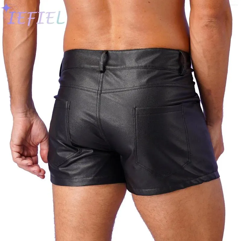 Shorts masculinos homens calças casuais de couro cuecas skinny totalmente forro bolsa boxer bottoms com zip para festivais clubwear pole dance