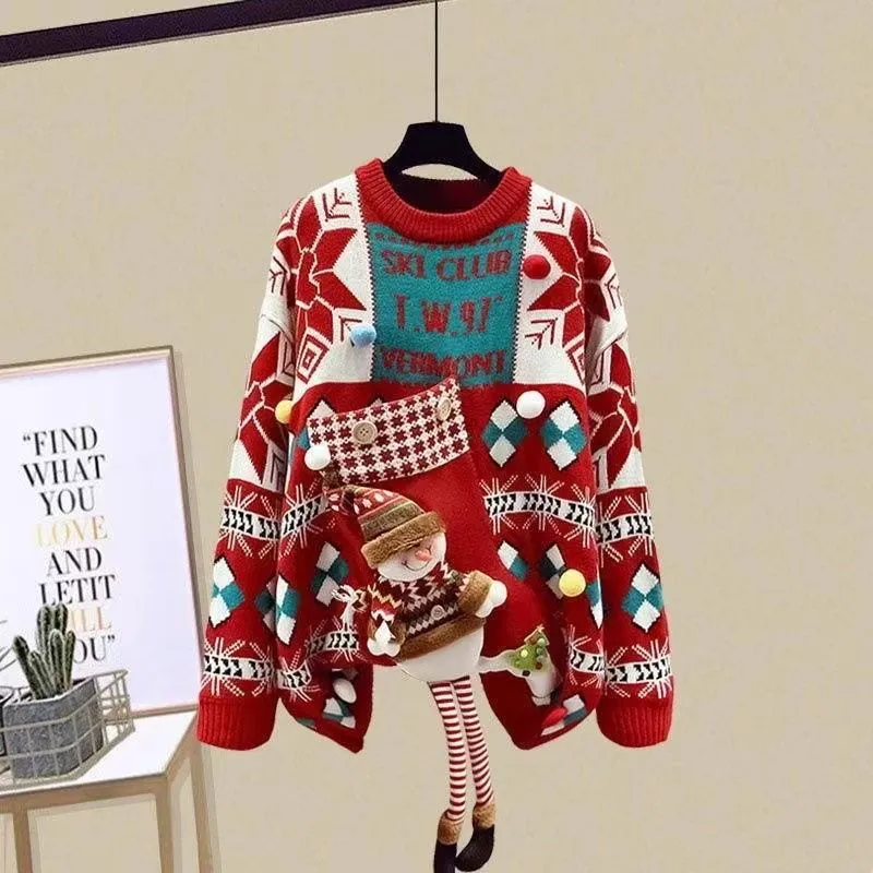 2023 Nowy świąteczny sweter kobiet jesień i zima czerwona odzież wierzcha luźna duża rozmiar zagęszczone japońskie kobiety o długim stylu