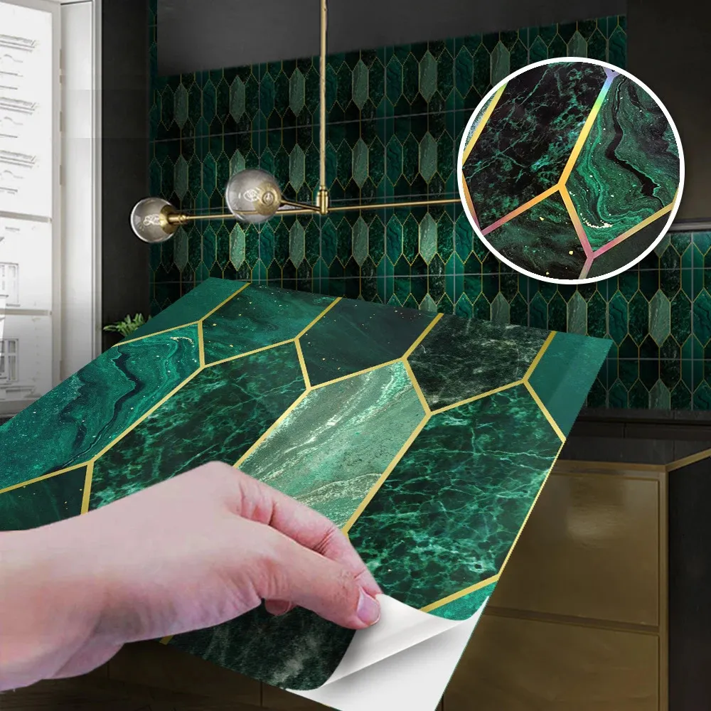 Wall Stickers 10Pcs Green Gilding Mosaic Tile DIY Waterproof PVC Wallpaper Bathroom Kitchen Home Decoration 231202