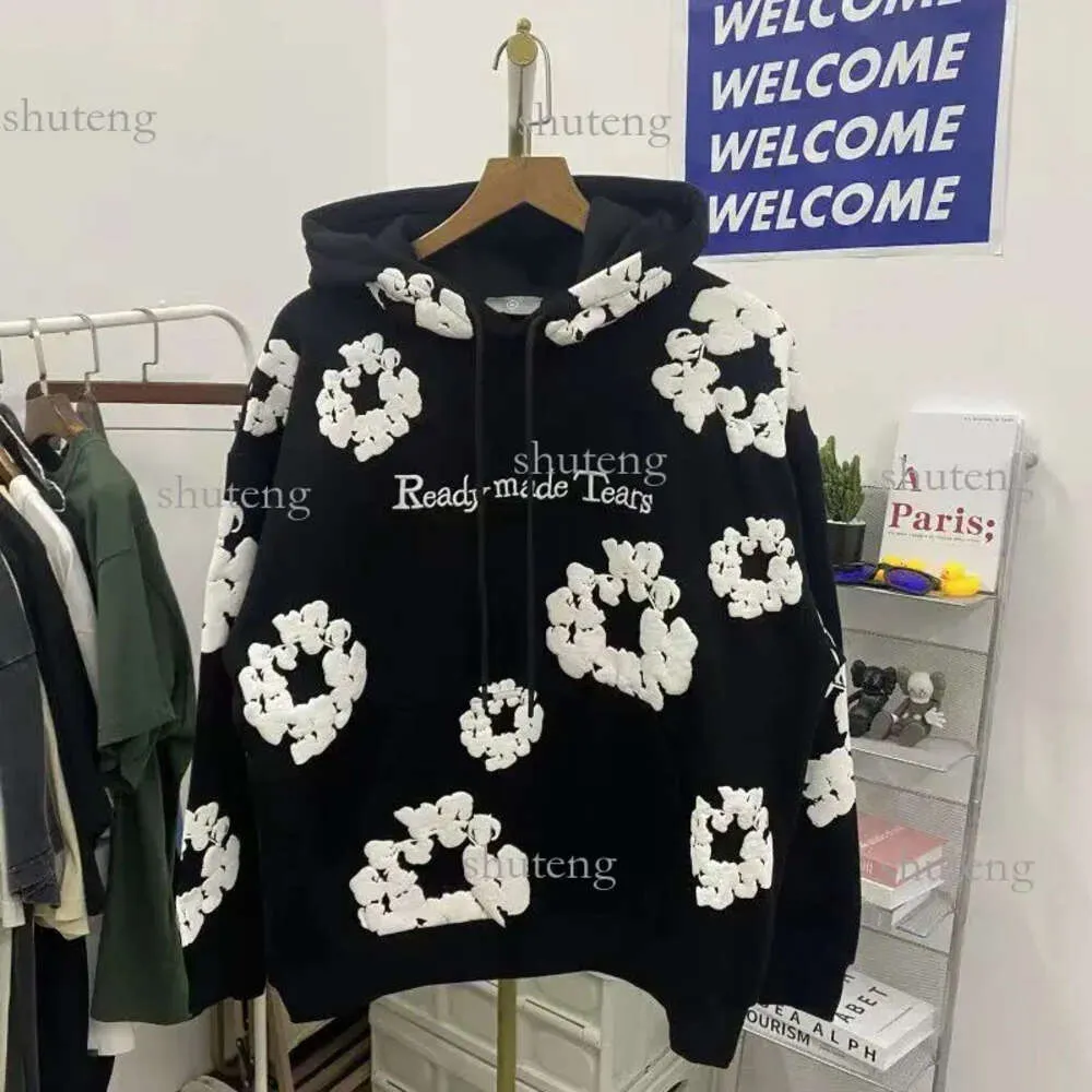 Falection Mens Readymade Denim Tears Hoodies Flower Puff Printed