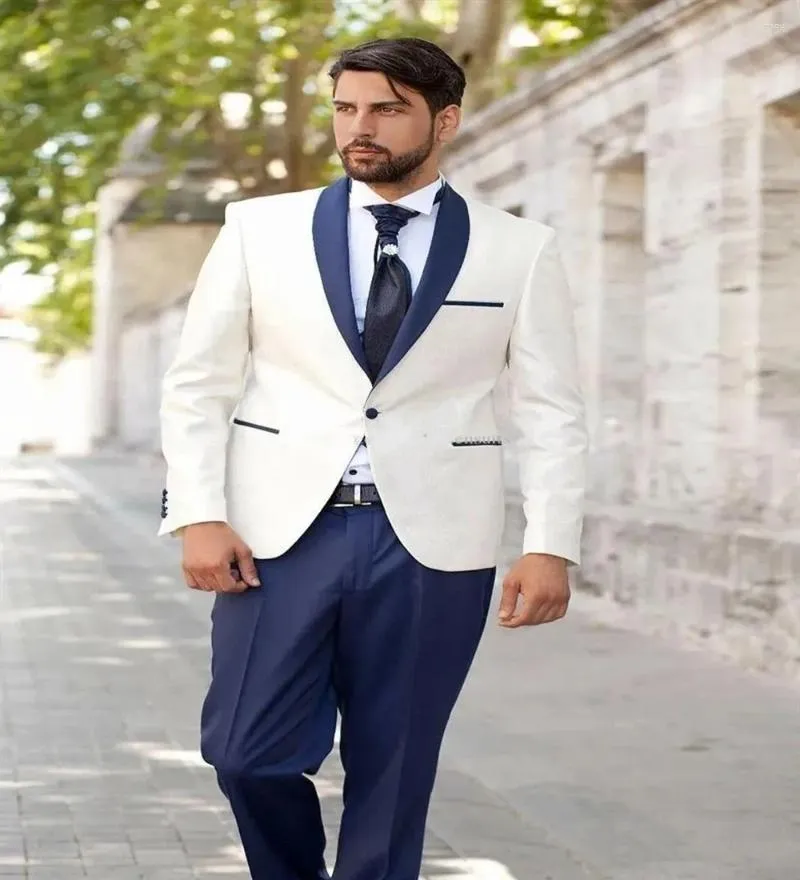 Men's Suits Handsome Ivory Men Blazer Wedding Tuxedos Shawl Lapel Groom Fashion Suit Business Dinner Jacket Navy Blue Pants