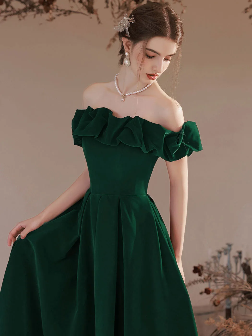 slim fit dress slacks Green A-Line Velvet Long Prom Dresses, Green Formal Evening Dress – toptby main image 0