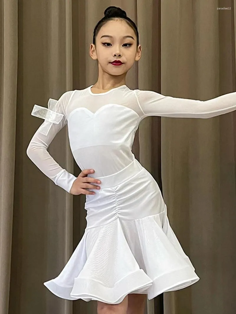 Scene Wear White Latin Dance Dress for Girls Performance Costume Ballroom Clothes Practice Competition Rumba Dancewear DNV18622