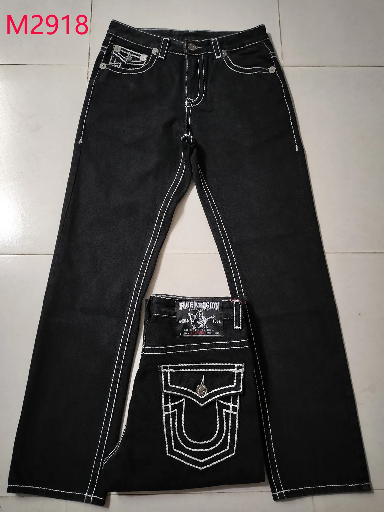 Jeans maschile maschi pantaloni designer nero adesivi magri light wash moto motociclette rock revival jogger vere religions uomini