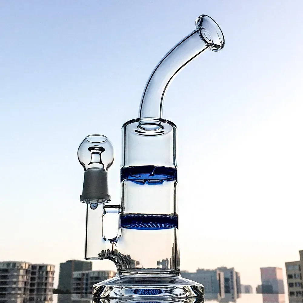 New Arrival Heady Glass Bong 2 Layers Honeycomb Percolater Oil Dab Rigs Disc Percolater Water Pipe Bent Neck Smoking Hookahs Bongs With Bowl WP1011